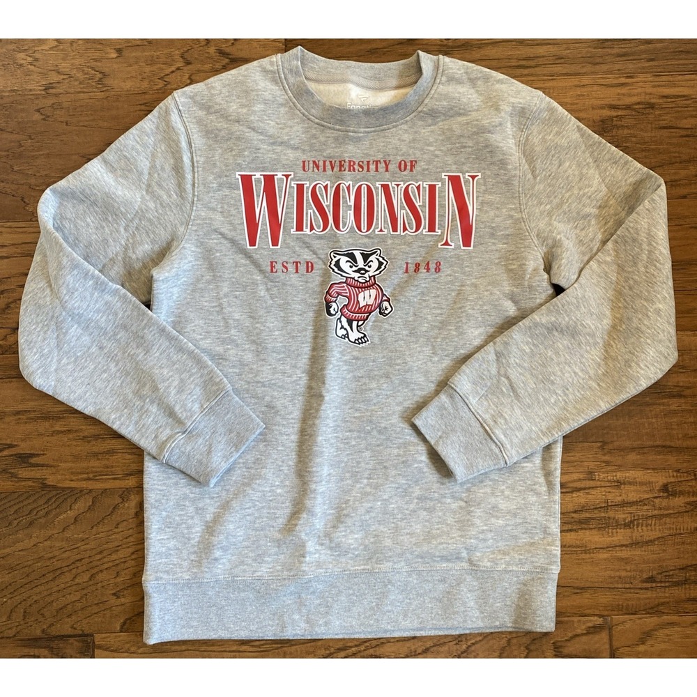 Wisconsin Badgers Fanatics Mens Size Medium Heather Gray Fleece‎ Sweatshirt